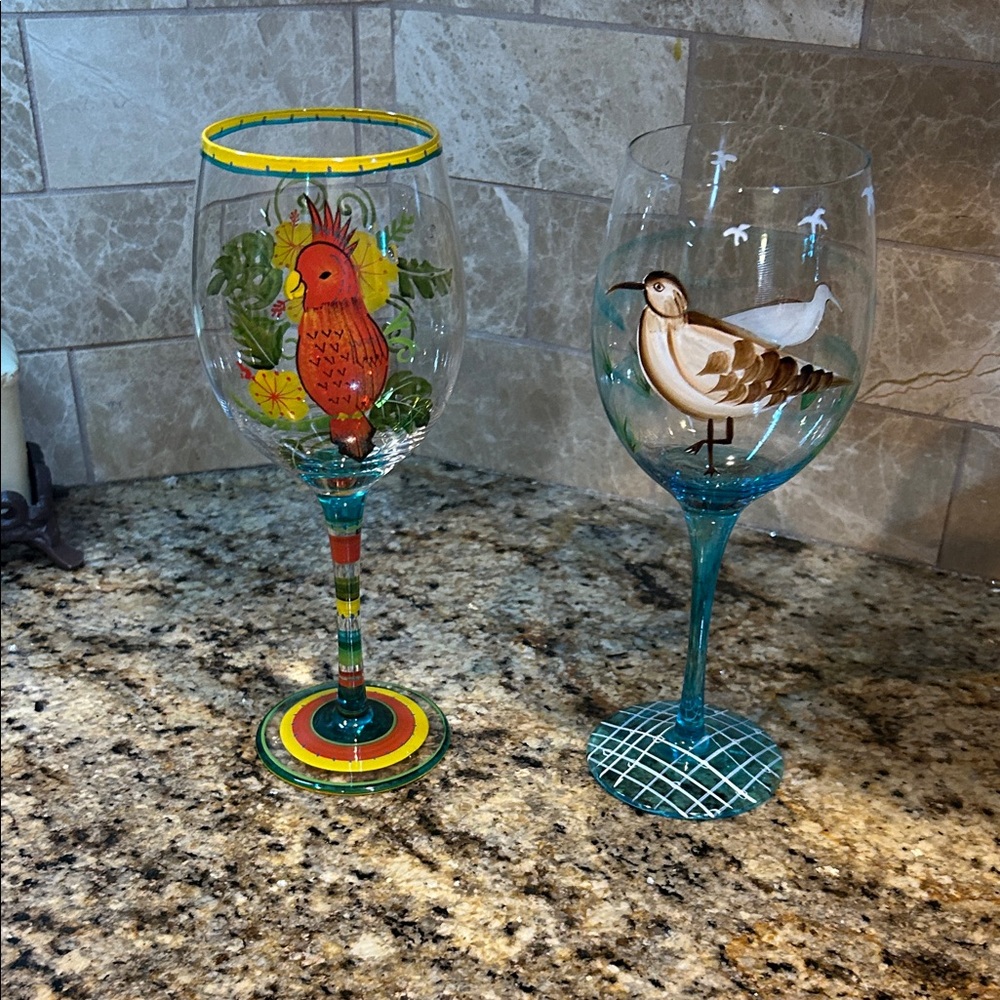 Wine glasses, Hand painted bird designs, 9 1/2”, New